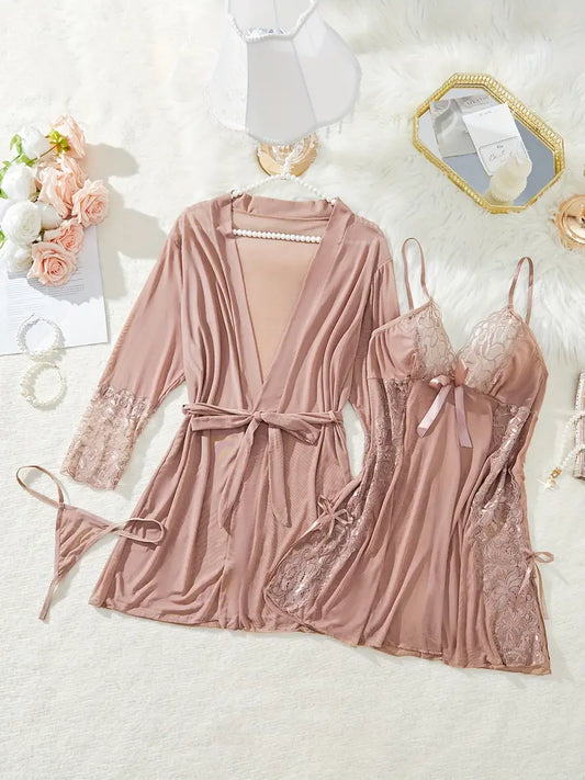 Lace Chemise Nighty (3 PC Set) Pinkish Gray