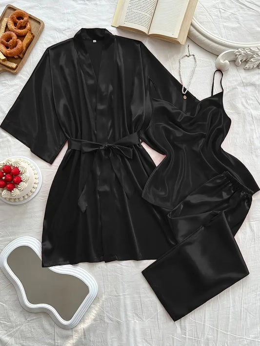 3pcs Pajama Set with Belt (Black)