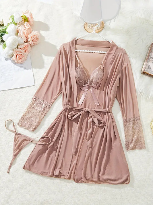 Lace Chemise Nighty (3 PC Set) Pinkish Gray